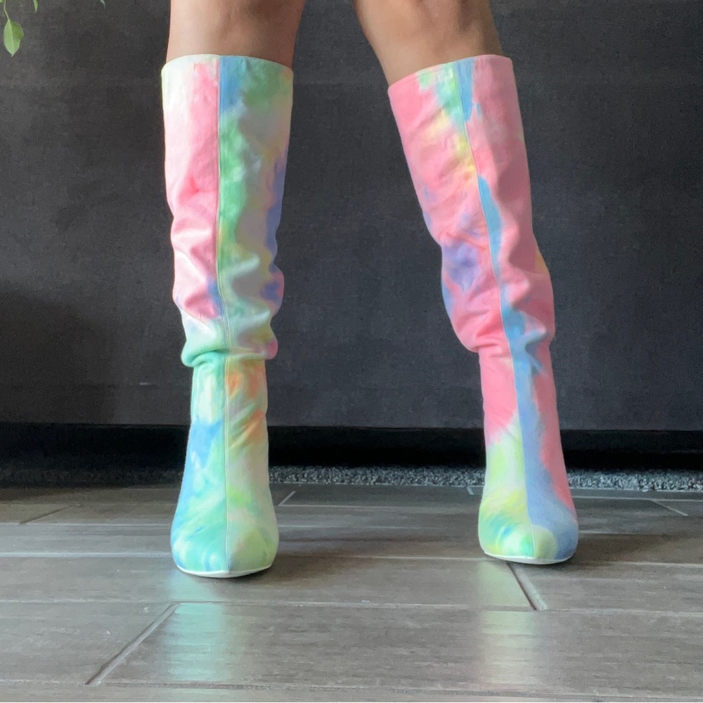 NWOT Jeffrey Campbell Anaise Dusty Tie Dye Fabric Knee High Boots - Picture 10 of 11